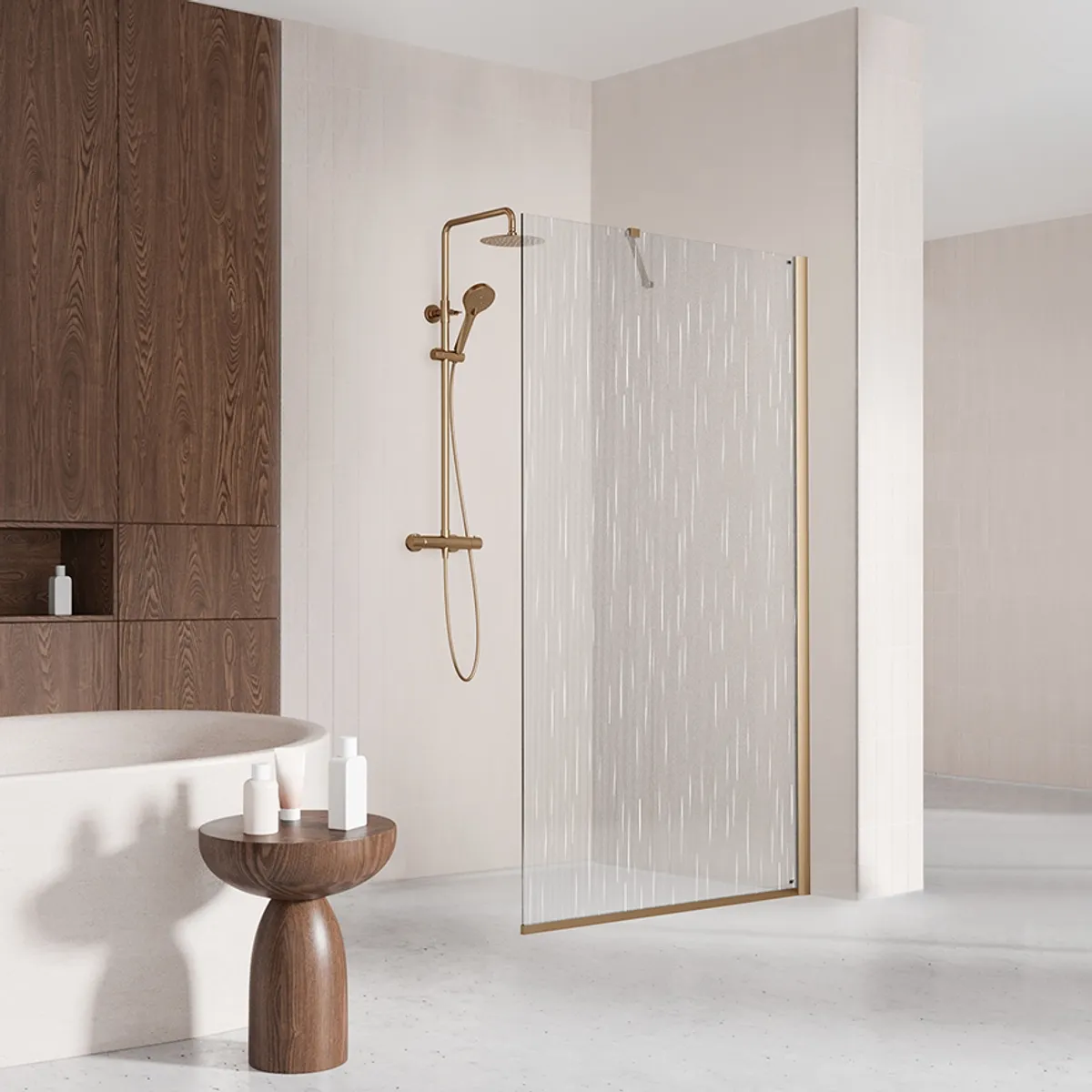 Badnor Shildon dusjvegg/walk-in hjørne - BØRSTET KOBBER - WHITE STRING glassfelt - 110cm