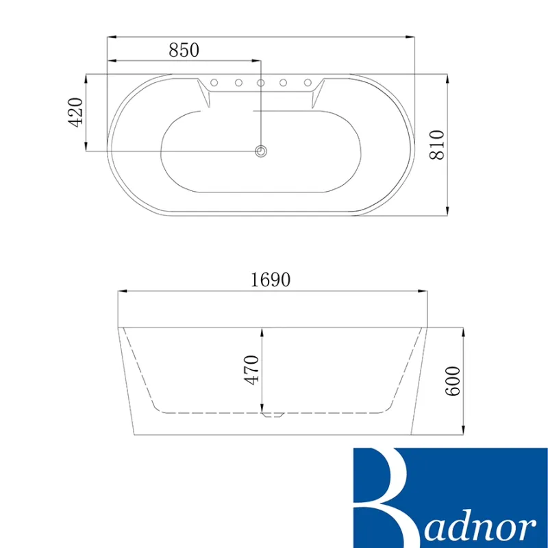 Badnor Arianna designbadekar MATT HVIT m/sort bla.batt. - 169cm
