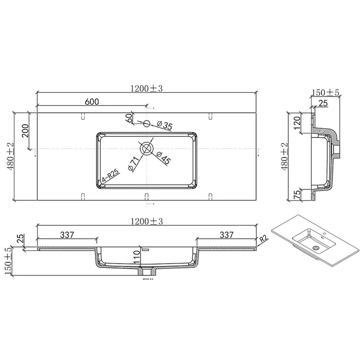 Badnor 120cm enkel HVIT servant