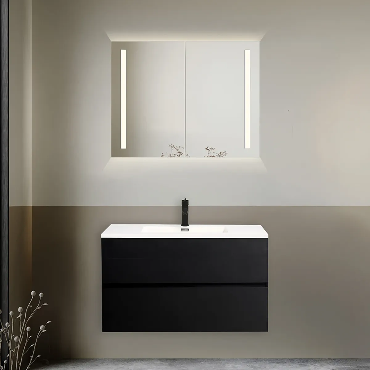 Badnor Melanie SORT 90cm - hvit servant (0207) Leah speilskap