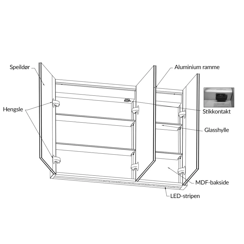 Badnor Leah speilskap (144cm), sort, m/stikkontakt og LED-lys