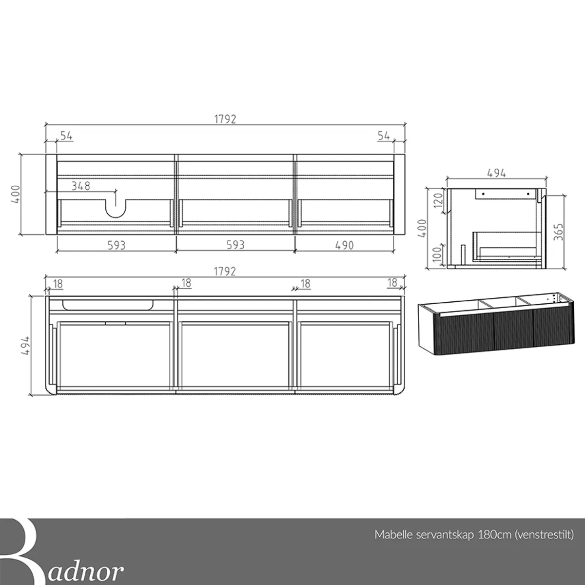Badnor Mabelle 180+40cm (VENSTRE) mbl.pk (9913) Sienna speil