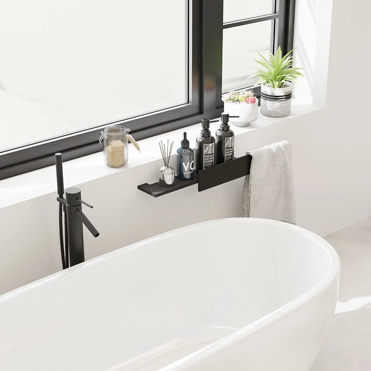 Badnor Shape vegghylle/håndkleoppheng, 800x125x125mm - MATT SORT aluminium