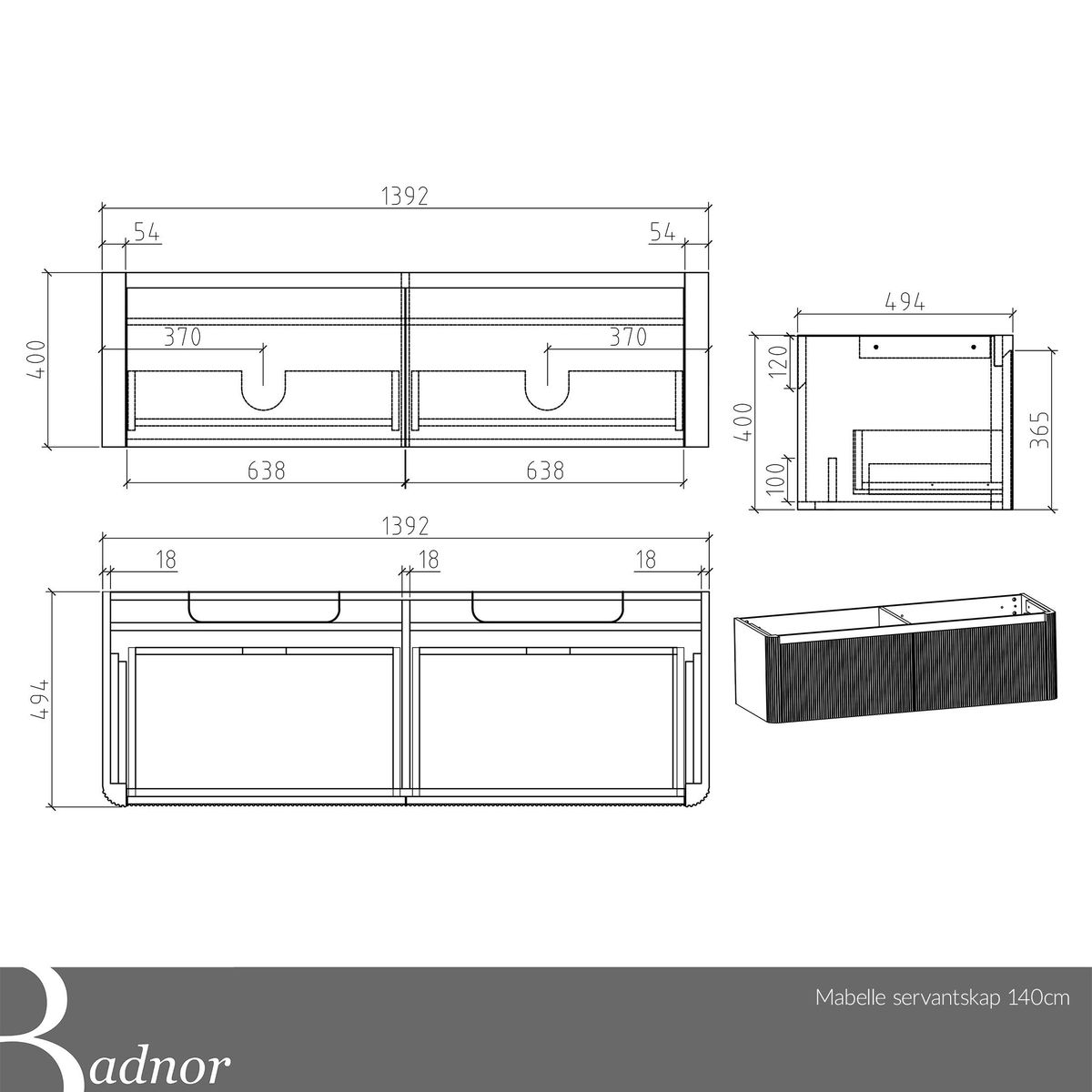 Badnor Mabelle 140cm servantskap m/silkestein topplate (VENSTRE) 