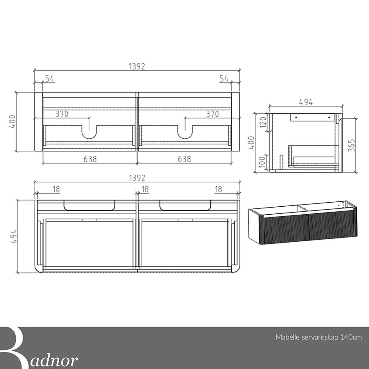 Badnor Mabelle 140+40cm (VENSTRE) mbl.pk (9712) Lone speil