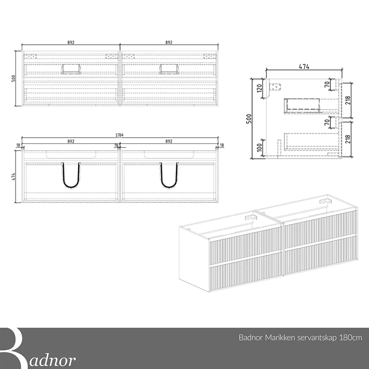 Badnor Marikken 180cm mbl.pk. (2521) Lucy speil 2 stk.