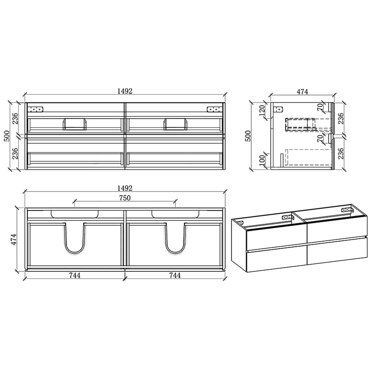 Badnor Mikala 150cm servantskap (dobbel) m/HVIT benkeplate